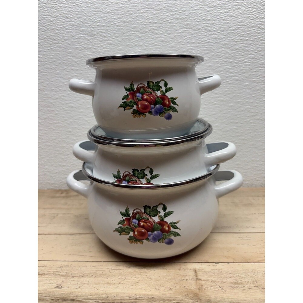 Vintage Set Of 3 Enamelware White Pots Double Handles With Fruits & 1 Glass Lid